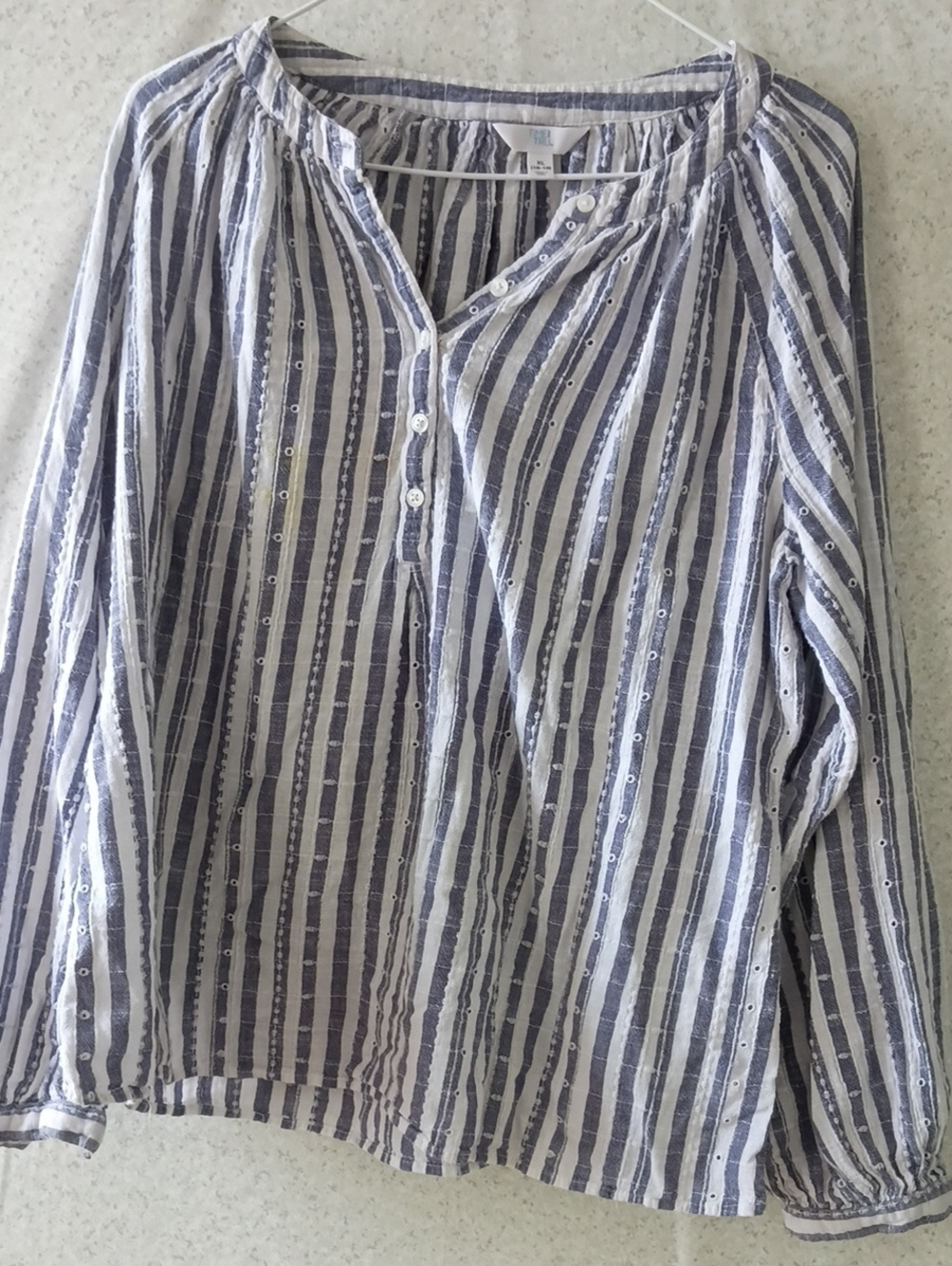 Time and Tru Navy and White Striped Eyelet Button-Up Tunic